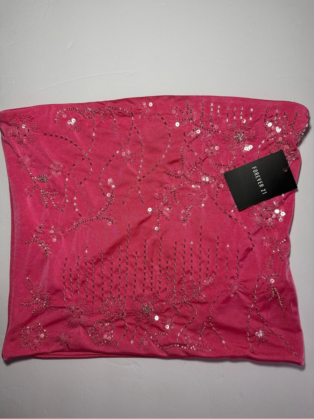 Forever 21 Pink Beaded Sequin Floral Tube Top - Size L - Embroidered Y2K - NWT
